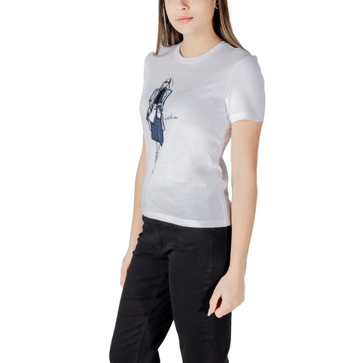 Women’s white organic cotton short-sleeved t-shirt with stylized woman graphic and pierpaolo branding print