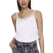 Women’s white polyester tank top with spaghetti straps and delicate lace trim at the neckline