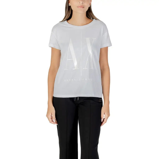 weißes Kurzarm-Damenhemd T-shirt mit metallischem Logo von Armani Exchange