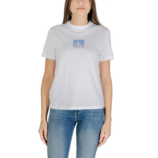 Women’s white short-sleeve T-shirt with light blue square graphic from Calvin Klein Jeans