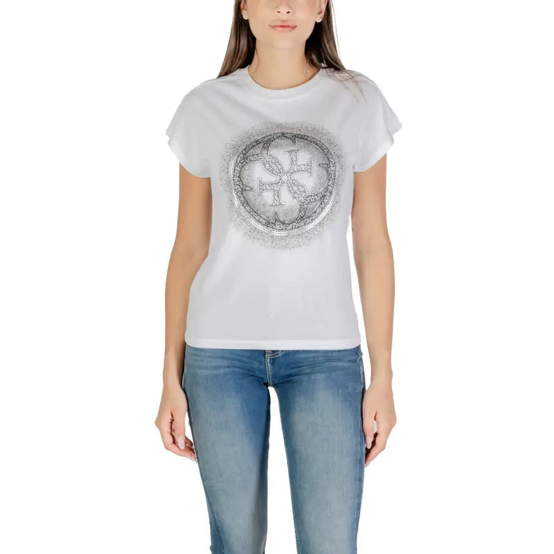 Women’s white short-sleeve cotton T-shirt with decorative circular graphic for Fall Winter