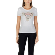 Women’s white printed short sleeve round neck T-shirt with tropical graphic and black pants