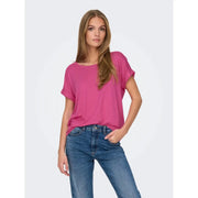 Viskosemischung für Damen t-shirt in leuchtendem Pink mit kurzen Ärmeln und einer lockeren, leicht drapierten Passform