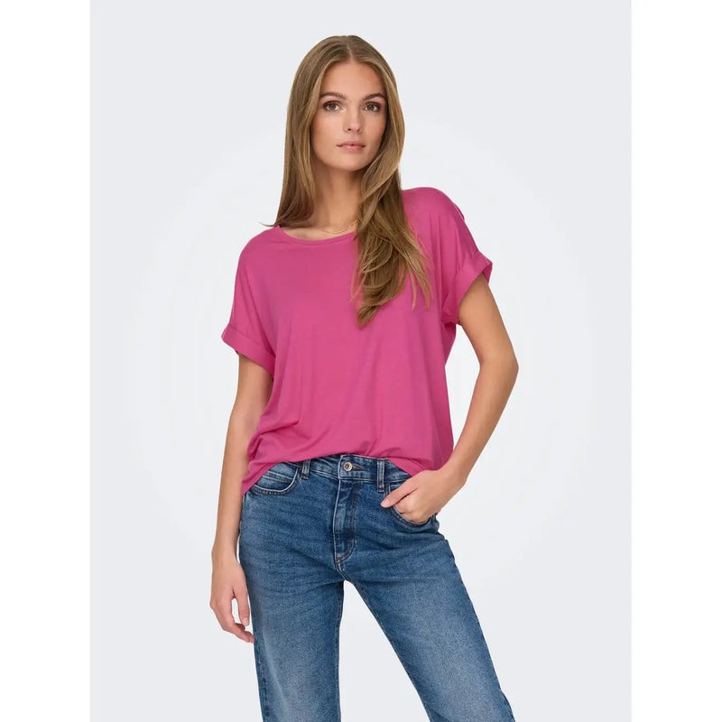 Viskosemischung für Damen t-shirt in leuchtendem Pink mit kurzen Ärmeln und einer lockeren, leicht drapierten Passform