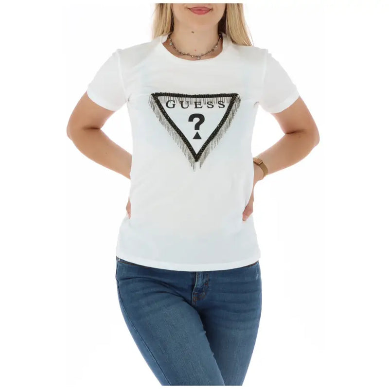 Women’s white short-sleeved cotton T-shirt with black triangular Guess logo