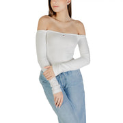 Womens white off the shoulder long sleeve top featuring a subtle Tommy Hilfiger logo on the chest