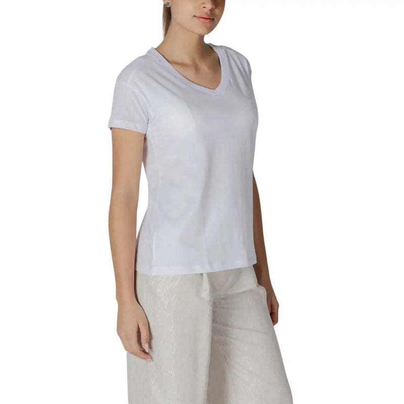 Womens white v neck t shirt made of soft cotton fabric featuring short sleeves and a comfortable fit