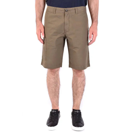 Khaki cargo shorts with multiple pockets and a casual design, suitable for outdoor activities.