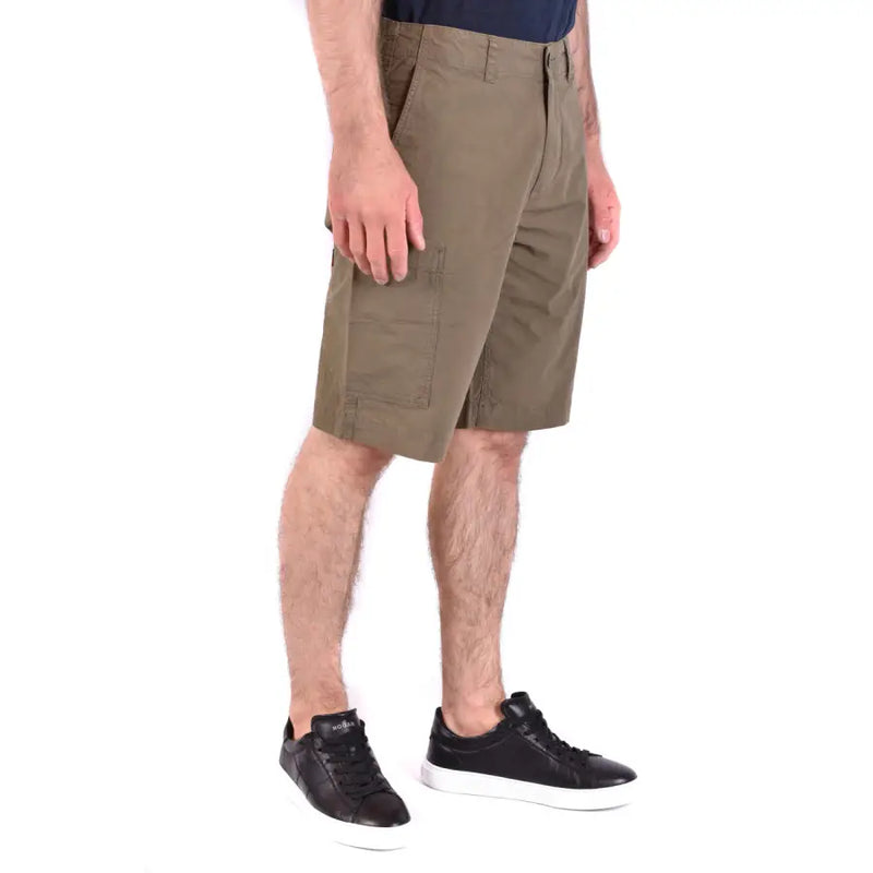 Olive green cargo shorts with multiple pockets and a drawstring waistband, likely made of cotton or polyester blend.