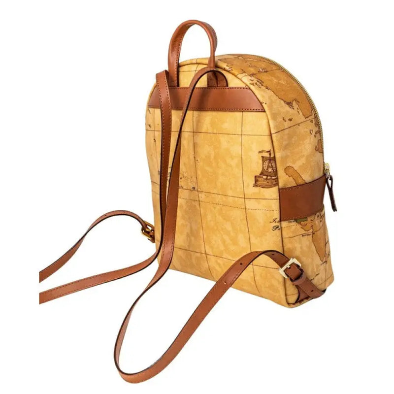 World map patterned backpack with brown leather straps for travel and style