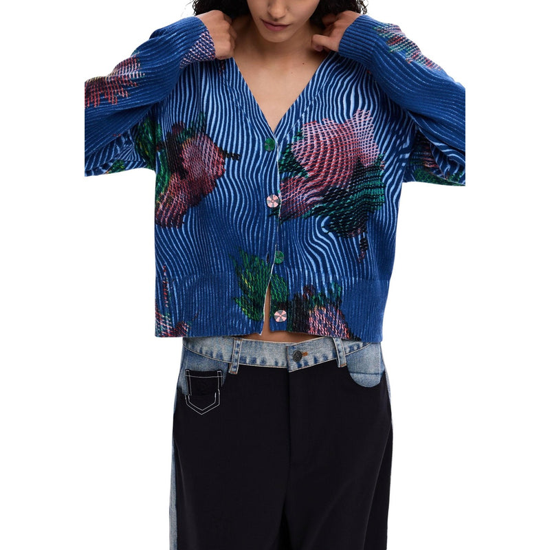 Desigual Damen Blauer Blumenknopf-Cardigan V-Ausschnitt Langarm