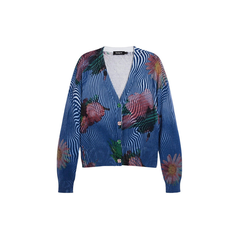 Desigual Damen Blauer Blumenknopf-Cardigan V-Ausschnitt Langarm