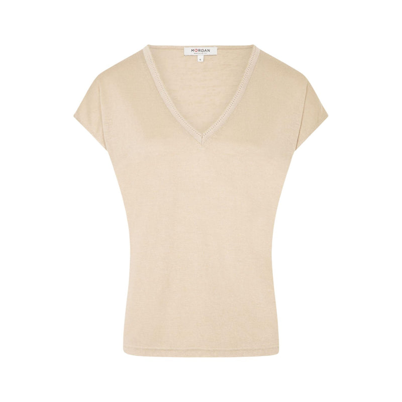 Morgan De Toi Beige Kurzarm-V-Ausschnitt-Bluse