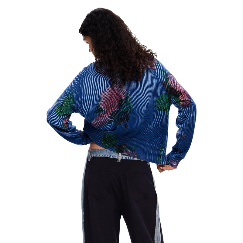 Desigual Damen Blauer Blumenknopf-Cardigan V-Ausschnitt Langarm