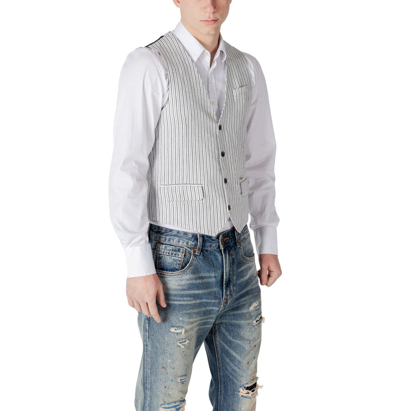 Gianni Lupo Schwarzer Nadelstreifen Leinen Baumwolle Gilet für Männer