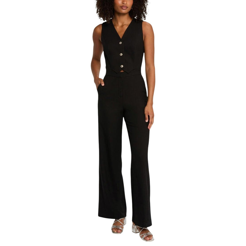 Schwarzer ärmelloser Jumpsuit mit Knopfleiste vorne und Taschen