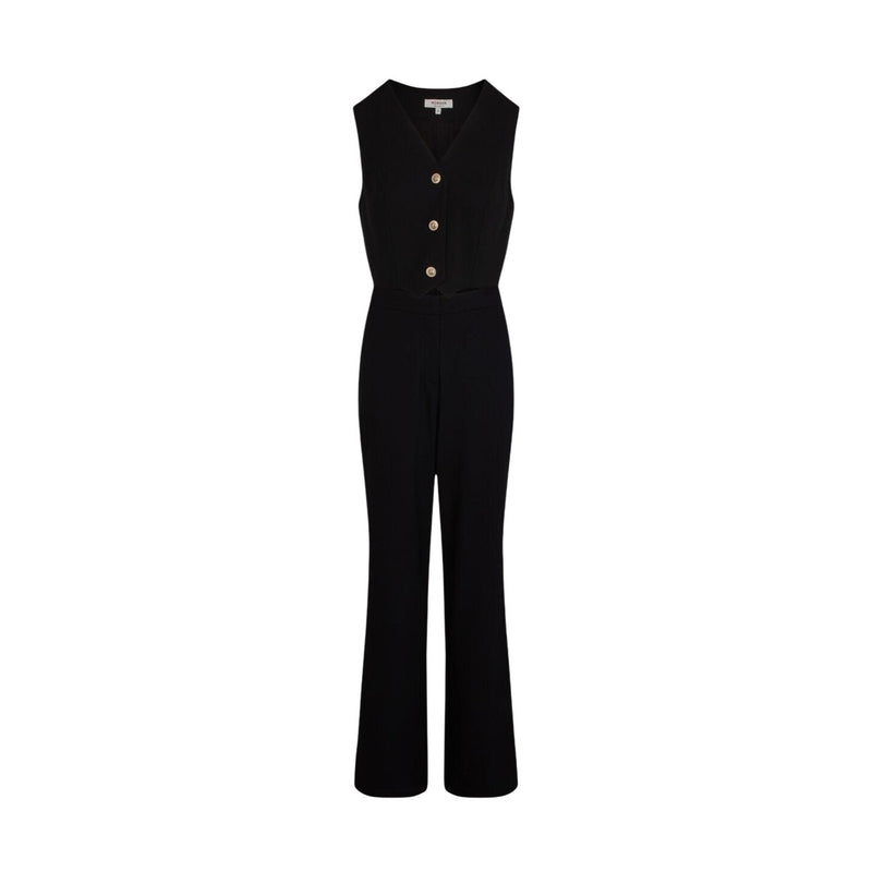 Schwarzer ärmelloser Jumpsuit mit Knopfleiste vorne und Taschen
