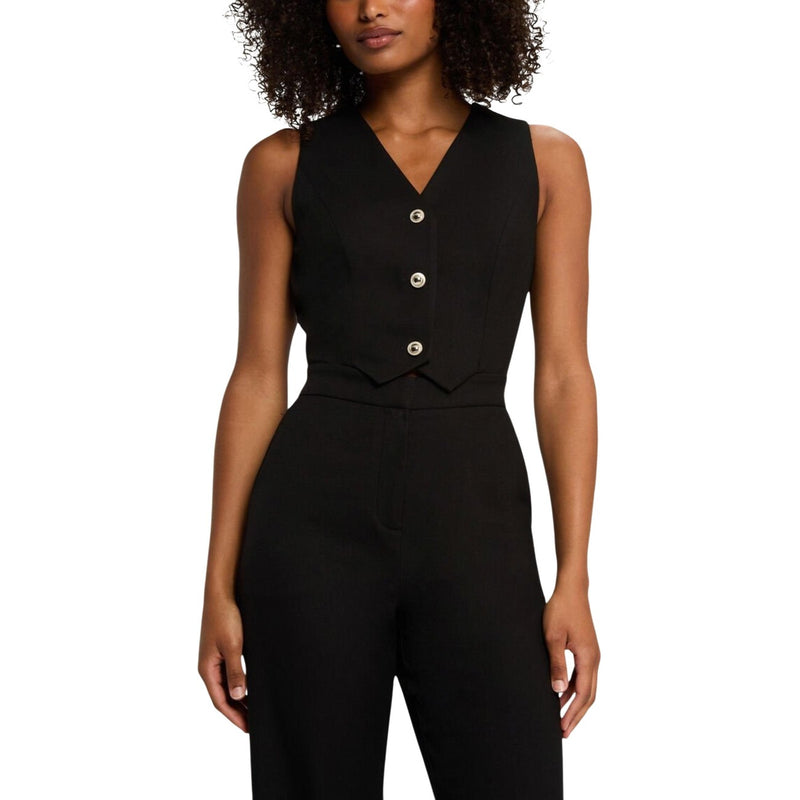Schwarzer ärmelloser Jumpsuit mit Knopfleiste vorne und Taschen