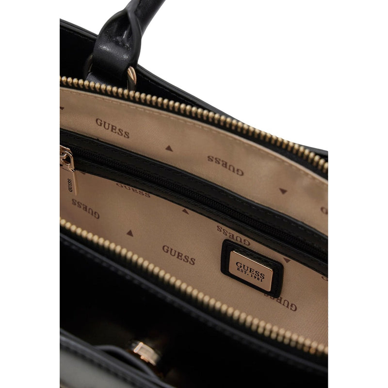 Raten Sie: Schwarze Handtasche mit Schultergurt und Taschen