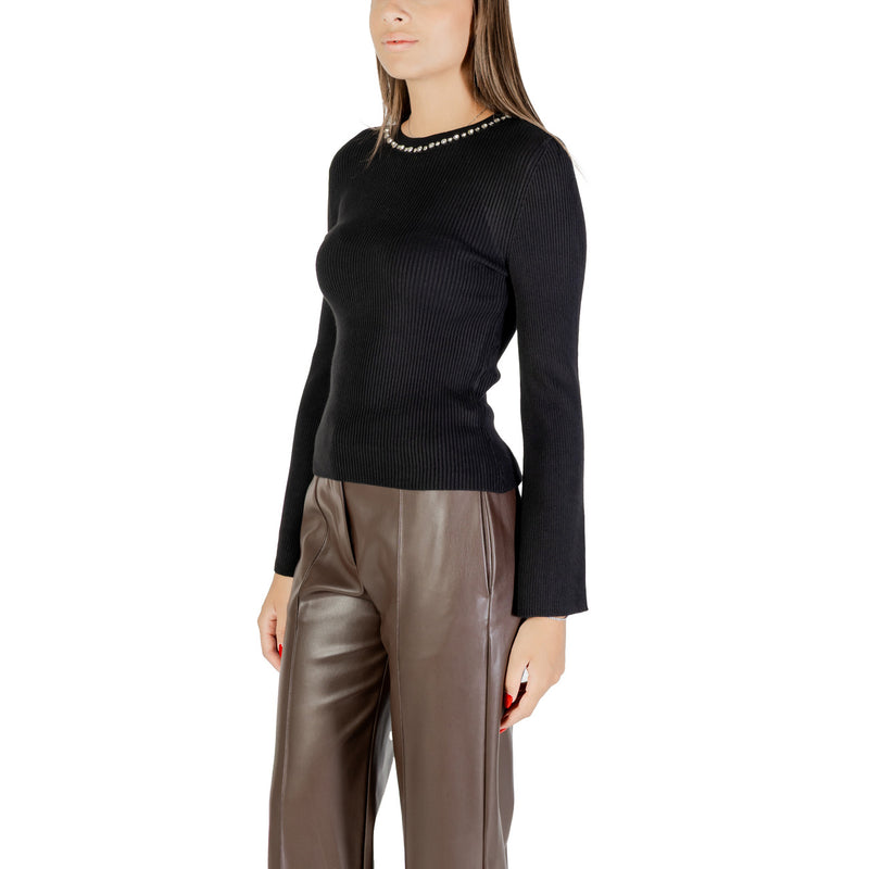 Schwarzer Langer Rundhals Damen Strickpullover mit Strasssteinen
