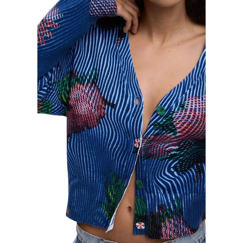 Desigual Damen Blauer Blumenknopf-Cardigan V-Ausschnitt Langarm