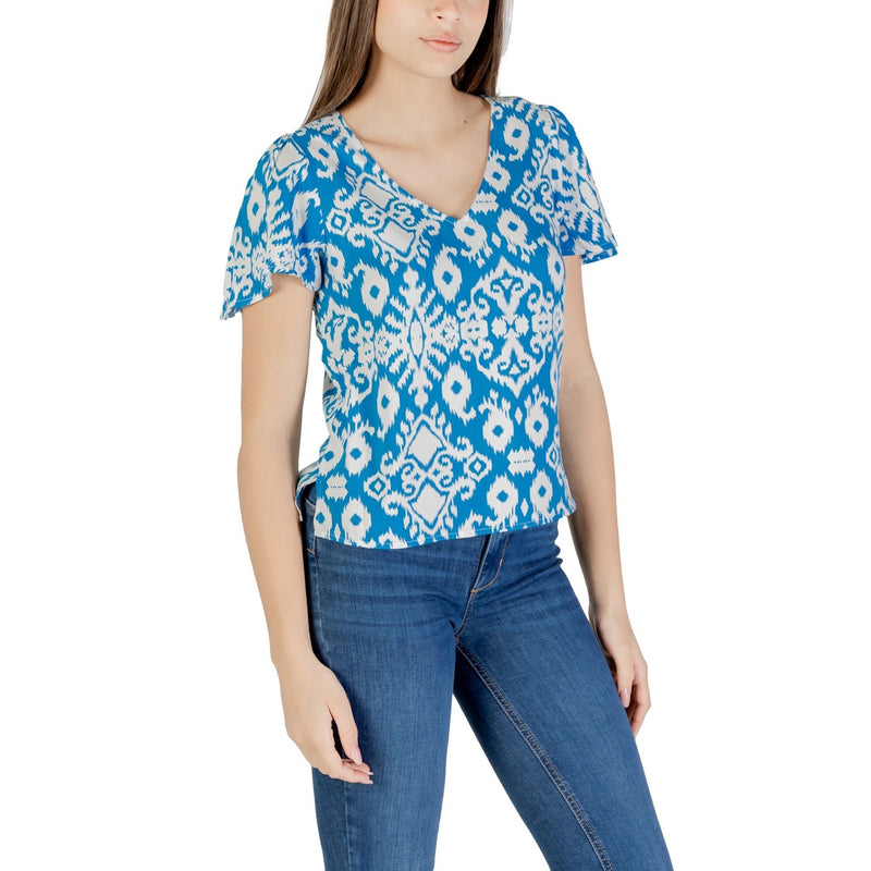 Vero Moda Hellblaue bedruckte Viskose-Blusen mit kurzen Ärmeln