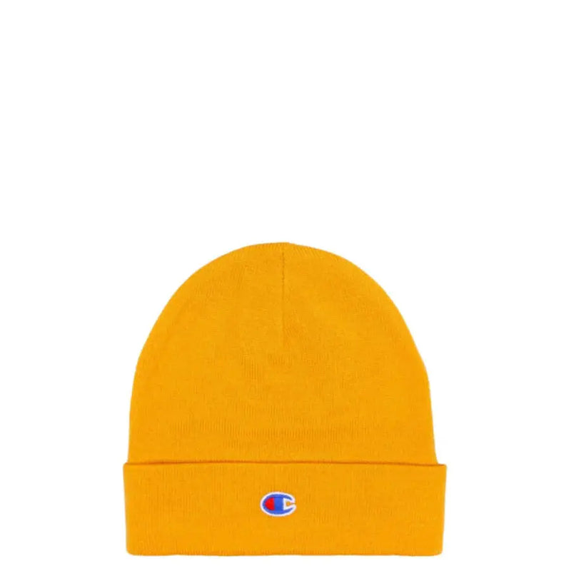 Yellow Champion Beanie displayed with Champion Women’s Pink Cap in 100% Polyester
