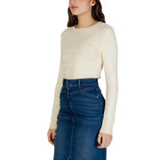 Cremefarbener, langärmeliger Viskose-Strickpullover top mit rundem Halsausschnitt