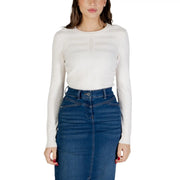 Weißer, langärmeliger Strickpullover top mit dezenter horizontaler Rippenstruktur aus Viskose für lässige Kleidung