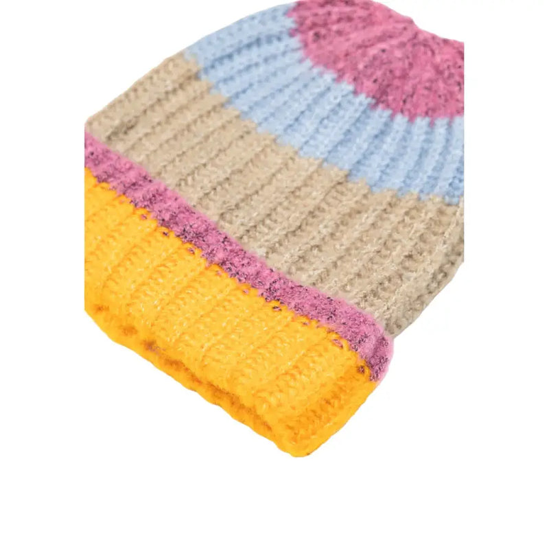 A cozy ribbed-knit yellow striped women’s beanie with soft pink light blue and beige for fall and winter