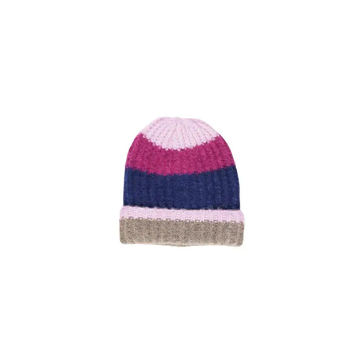 Gelb gestreifte Damen-Strickmütze in Rosa, Magenta, Marineblau und Beige für Herbst und Winter