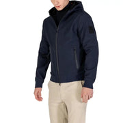 Navy blue zip-up hoodie with black accents and a patch on the left sleeve.