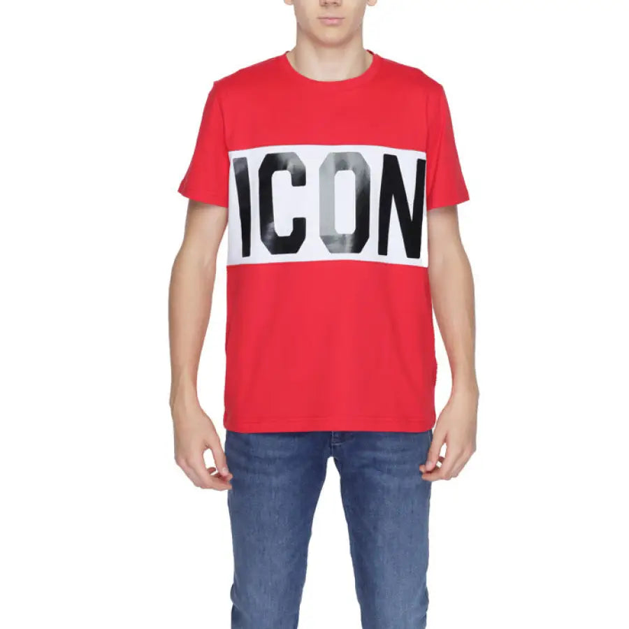Young boy wearing Icon Icon Men T-Shirt in red with ’ICON’ print